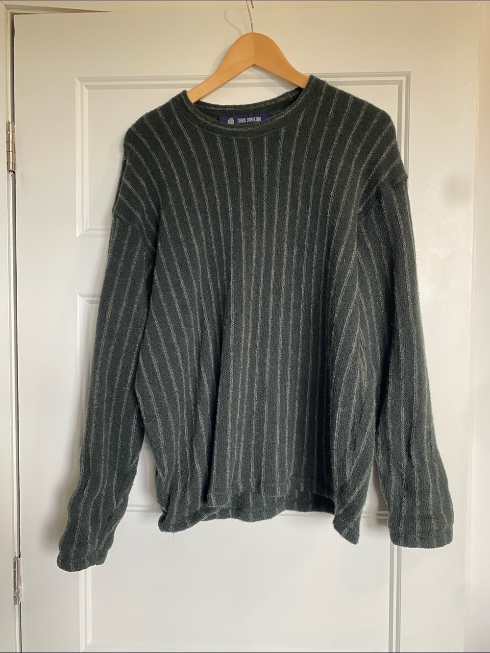 Forest Green Crewneck Sweater with Light Gray Pinstripes 100% wool